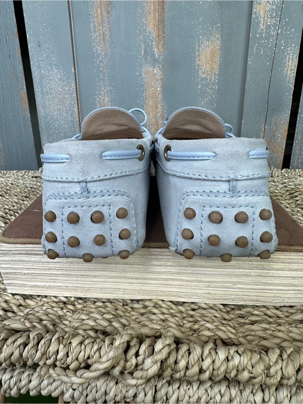 TOD'S Gommino Suede Bow Driving Loafer Light Blue Sz 38.5